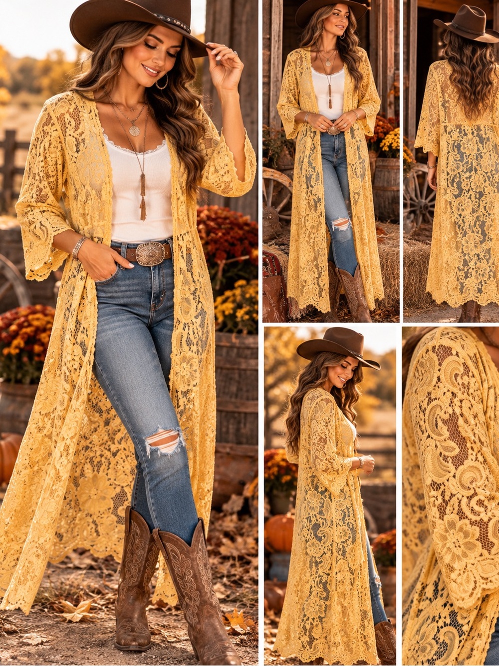 L&B Lucky & Blessed Golden Yellow Floral Lace Duster Cardigan Boho Western
